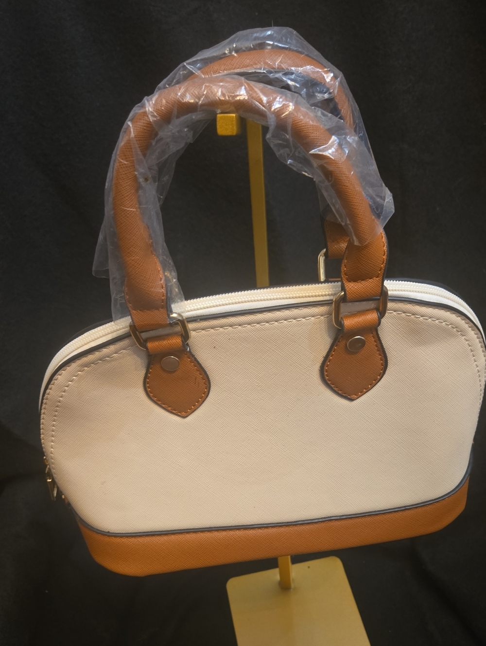 Cream and Tan Dome-Top Satchel Handbag W Crossbody Strap NWT